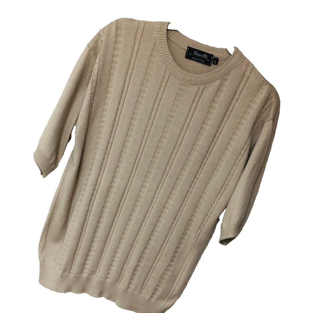 Marcello Mens Cable Knit Sweater Size L Tan Short Slvs Cotton Blend Italy Preppy